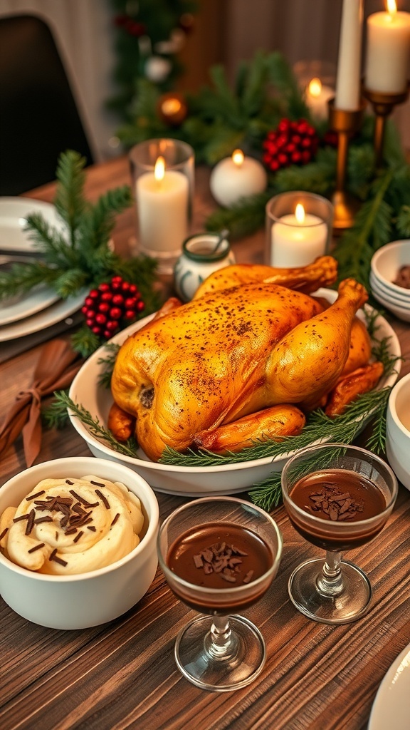 Quick and Easy Christmas Dinner Recipe A festive Christmas dinner setup with roasted chicken, garlic mashed potatoes, and chocolate mousse on a decorated table.